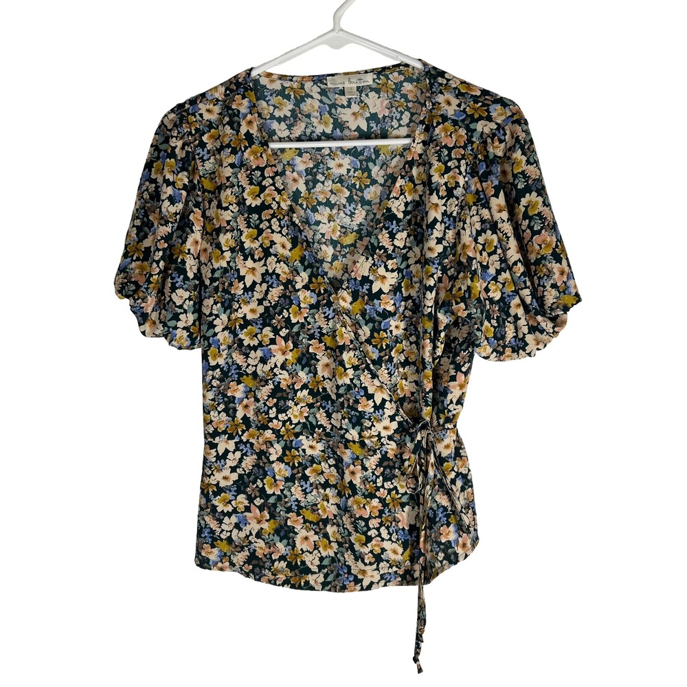 Nine Britton Womens‎ Floral Wrap Top Short Puff Sleeve V-Neck Multicolor Small